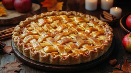 Apple pie decorated with lattice overhead shot, fall baking concept