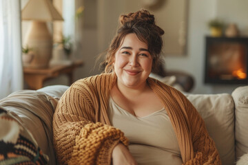 A woman is sitting on a couch with a smile on her face