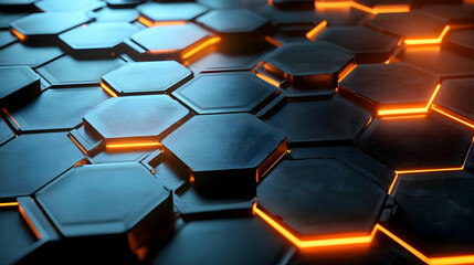 Wall Mural - 3d rendered abstract background with glowing orange lines on hexagon pattern