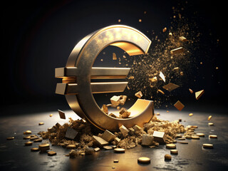 golden euro symbol stands prominently against dark background, surrounded by scattered gold particles and coins, evoking sense of wealth and prosperity