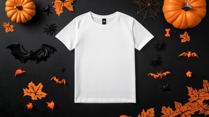 White womens cotton t-shirt halloween mockup with pumpkins, spiders and bats on black background. Design t shirt template, print presentation mock up. Top view flat lay.