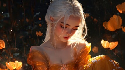 Canvas Print - Beautiful fantasy girl, white hair, golden dress, noble