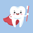 © jayhermiony - Cute and strong tooth in superhero cape holding toothbrush and toothpaste, dental care concept for kids, children boys and girls, brush clean teeth flat vector isolated illustration