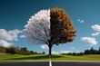 © Thanyarat - Minimalist depiction of a single tree, with one side in full bloom and the other bare, representing the contrast between yesterday and today