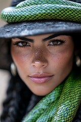 Wall Mural -  A close-up of a woman wearing a hat with a green snake encircling her neck twice