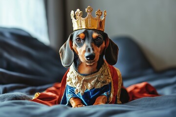 Wall Mural - Dachshund dog dressed as a king with crown , pet treated like royalty 