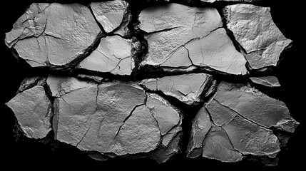 Broken gray stone surface with intricate textures and deep fissures illuminated against a dark background