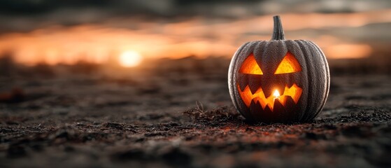 Canvas Print -  A carved jack-o-lantern sits in the midst of a field as the sun sets behind it