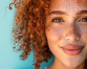 Closeup Portrait of a Smiling Woman with Curly Red Hair and Freckles Standing Against a Blue Background - Lifestyle Photography for Authenticity and Natural Beauty Themes.