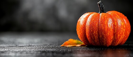 Canvas Print -  A tight shot of a miniature orange pumpkin atop a table, accompanied by a fallen leaf nearby