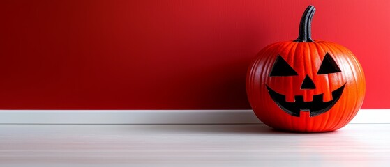 Canvas Print -  A pumpkin with Jack-o-lantern face painted sideways, sits in front of a red wall