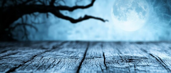 Sticker -  A dark wood floor lies beneath a foreground of ominous, gnarled tree, with a backdrop of a full moon