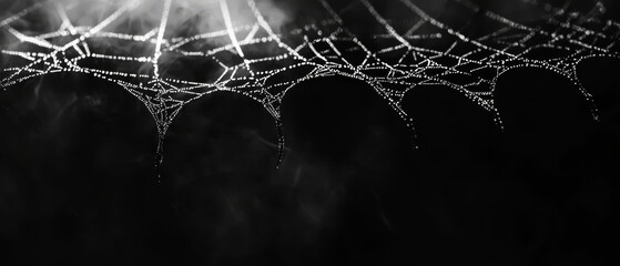  Close-up of a spider web against black backdrop, illuminated from spider's lair at web's center