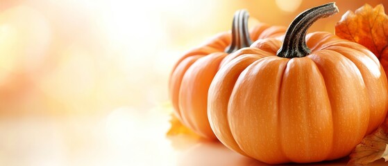 Canvas Print -  Two orange pumpkins atop a table Nearby, a vibrant green and yellow plant with leaves unfurls