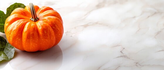 Canvas Print -  A small orange pumpkin atop a white counter, nearby sits a leafy green plant