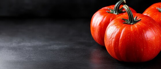 Canvas Print -  Three red tomatoes sit atop a black counter, aligned next to one another, atop a table