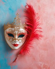 Canvas Print - Carnival Decoration with Venetian Mask and Red Feather on Pastel Background