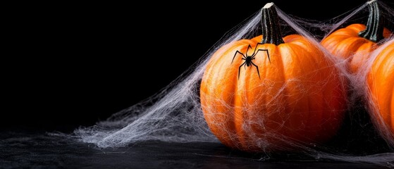 Canvas Print -  Three orange pumpkins atop a table with a black backdrop, surrounded by spiderwebs