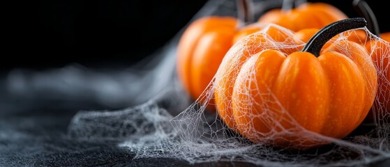 Canvas Print -  A collection of orange pumpkins arranged together on a black surface, covered by a net above