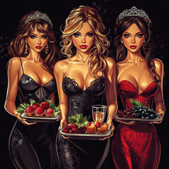 Poster - cartoon , 2D game graphics, beautiful girls, with trays of alcohol waitresses, dressed as dancers