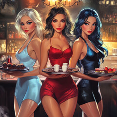 Poster - cartoon , 2D game graphics, beautiful girls, with trays of waitresses, dressed as dancers night show in casino