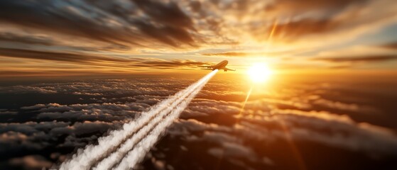  A jetliner traverses a cloud-studded sky as the sun sets, casting an orange glow midway between heavens and horizon