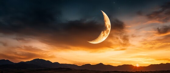 Poster -  A crescent moon in a cloud-studded sky, mountain range backdrop, sunset in the foreground