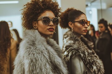 glamorous fashion event featuring stylish sunglasses and fur coats.