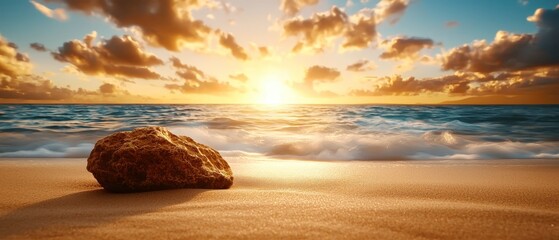 Wall Mural -  A rock atop a sandy beach, near the ocean, lies beneath a cloudy yet sun-speckled sky