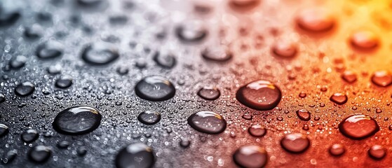 Poster -  A tight shot of water droplets atop a paper's surface against a backdrop of rainbow hues