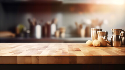 empty table board and defocused modern kitchen background