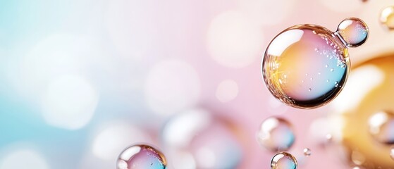 Poster -  A collection of bubbles hovering above a blue backdrop with overlays of yellow and pink hues, beneath a tranquil blue sky