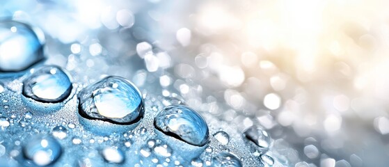 Poster -  A tight shot of water droplets on a surface, with a background of softly blurred light