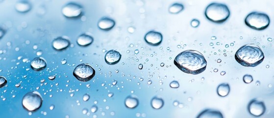 Poster -  Blue sky with white clouds backs a glass surface dotted by water drops