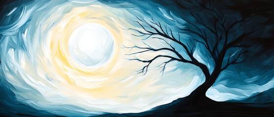 Wall Mural -  A tree painted against a night sky, its center aglow with a radiant light