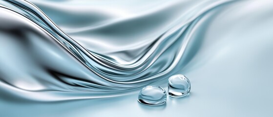 Wall Mural -  Two drops of water sit adjacent on a blue and white liquid, adorned with white and silver swirls