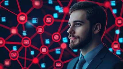 A business professional contemplating digital connections amidst a network of communication symbols.