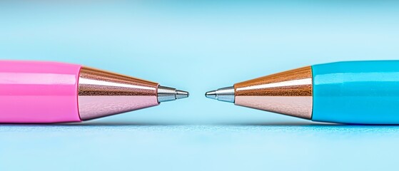 Sticker -  Two pencils, one pink, one blue, face each other against a light blue and pink background One reflection gleams in the other's eye