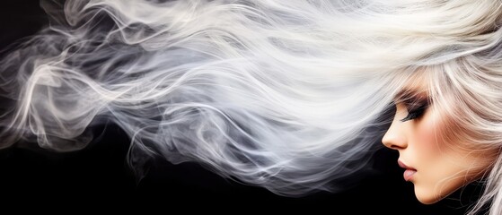 Canvas Print -  A tight shot of a woman with white locks, smoke wafting from her face, hair billowing in the wind