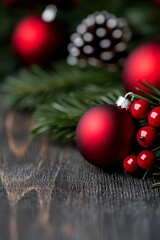 Canvas Print -  A red ornament collection sits atop a wooden table, accompanied by a solitary pine cone and another pine cone