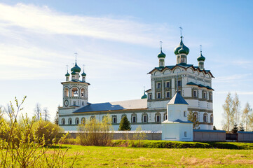 Veliky Novgorod, Russia. Panorama of Nicholas Vyazhischsky stauropegic monastery in spring day in Veliky Novgorod Russia