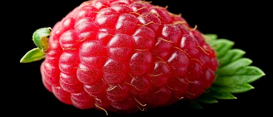 Poster -  A red raspberry with green leaves against a black background