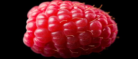 Poster -  Close-up of a raspberry against black backdrop, with sharp focus on berry's center