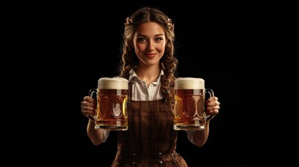 Poster - A woman holds two mugs of beer