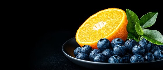 Poster - blueberries and an orange, accompanied by a lone green leaf