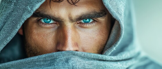 Wall Mural -  A tight shot of a man's blue-eyed face, hidden under a hoodie, revealing a tattoo on his forehead