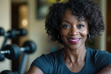 Poster - A happy woman with curly hair posing directly at the camera