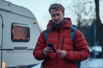 Sticker - A person standing outside looking at their smartphone