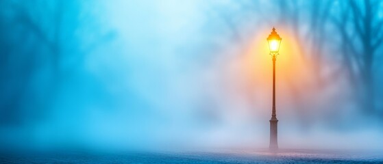 Sticker -  A foggy park features a solitary street light, surrounded by trees on either side