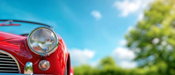  A red car's front end, sharply focused Blue sky stretches behind, trees near in the foreground